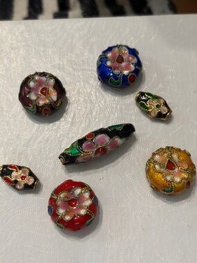 Vtg Cloisonné Floral Beads, Hand-Enameled Brass, Multi-Color Flower